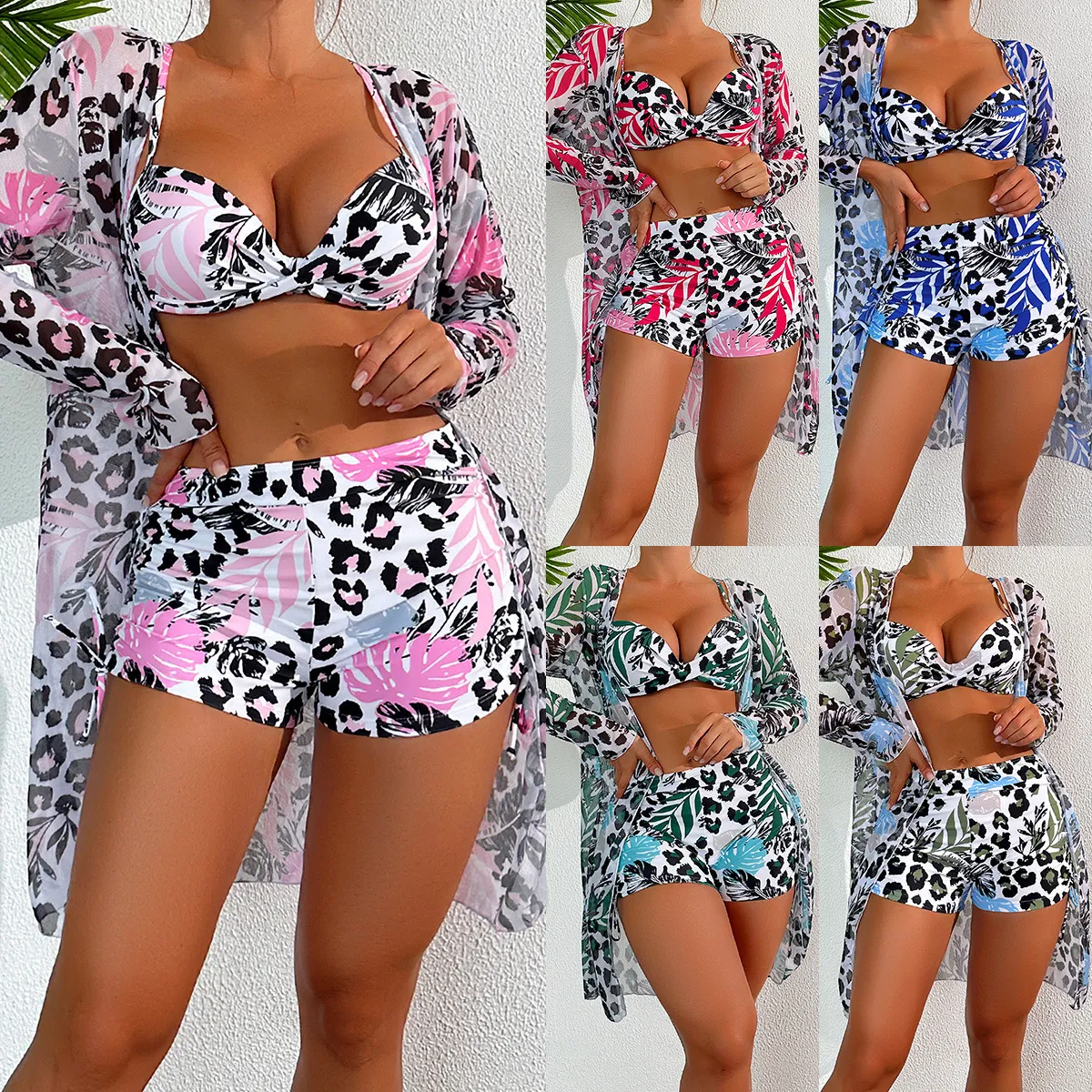 Summer Fashion Sexy Multicolor Leopard Leaf Printed Tankini Three-Piece Swimsuit