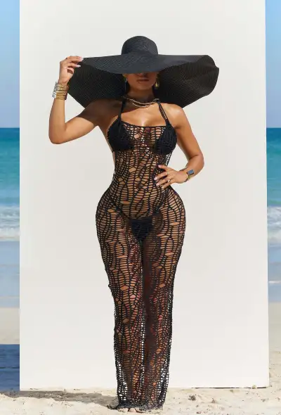 Women Sexy Hollow Mesh Halter Neck Coverup Bikini Three-Piece Beach Swimwear