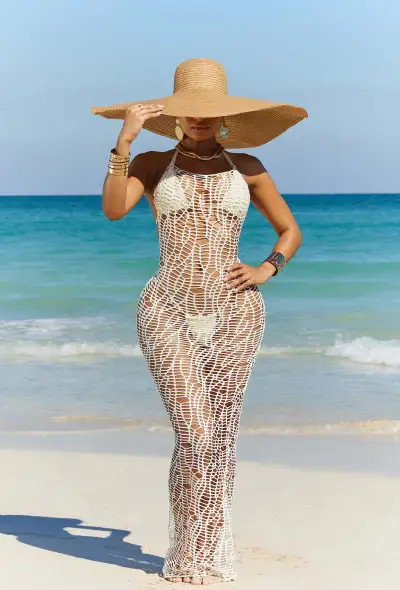 Women Sexy Hollow Mesh Halter Neck Coverup Bikini Three-Piece Beach Swimwear