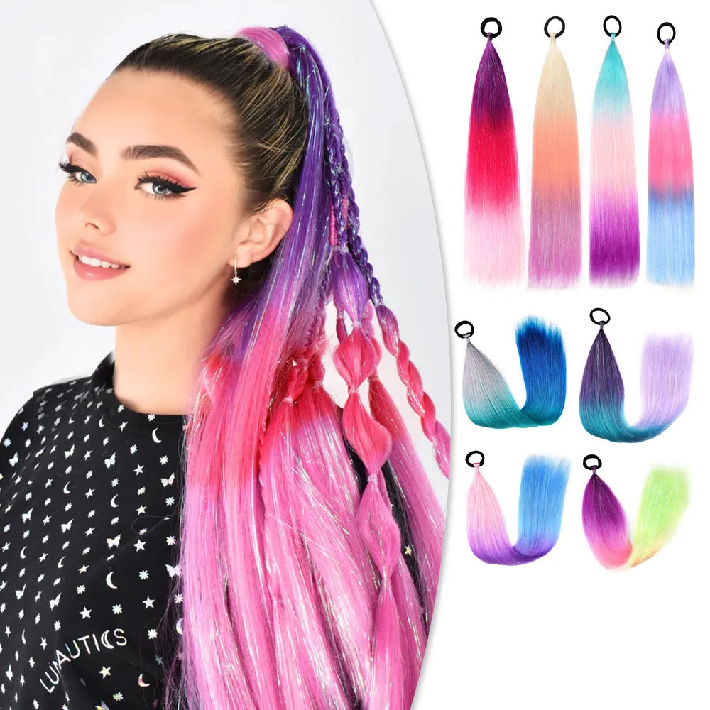 Gold And Silver Braid Color Gradient Ponytail Women Wig Hair Extension