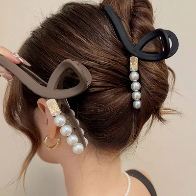 Elegant Women Frosted Hair Clip Imitation Pearl Hair Claw