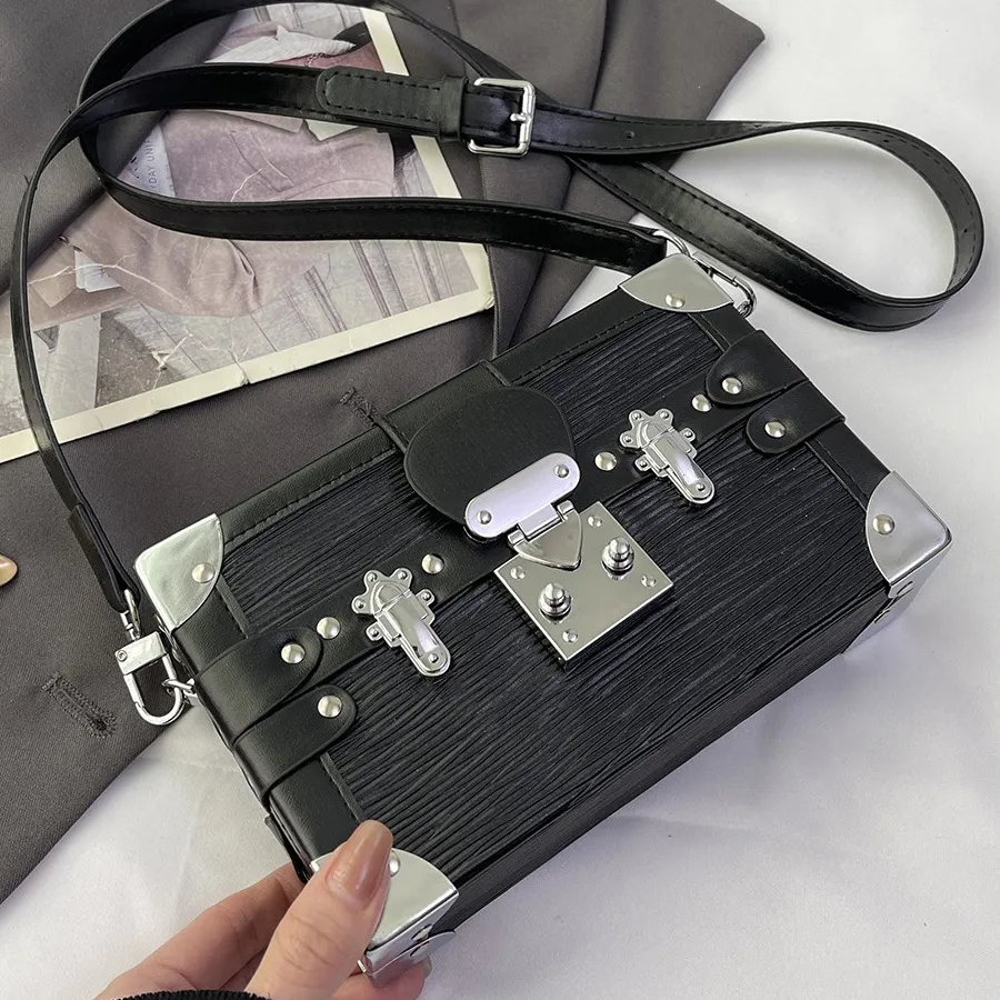 Women Small Square Metal Lock Box PU Crossbody Bag Street Trend