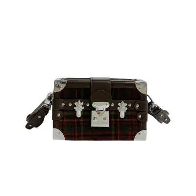 Women Fashion Plaid Box Shaped PU Velvet Crossbody Messenger Bag