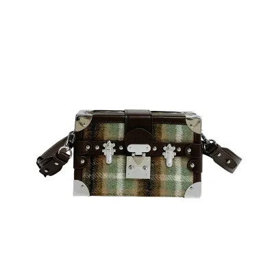 Women Fashion Plaid Box Shaped PU Velvet Crossbody Messenger Bag