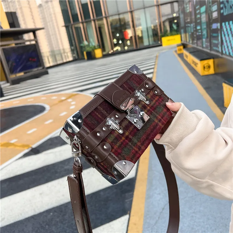 Women Fashion Plaid Box Shaped PU Velvet Crossbody Messenger Bag