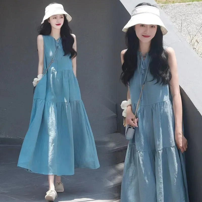 Summer Maternity Casual Sleeveless V-Neck Solid Color A-Line Long Dress
