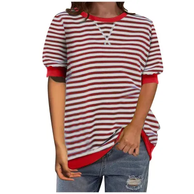 Women Casual Color-Block Stripe Printed Crewneck Short-Sleeve T-Shirt