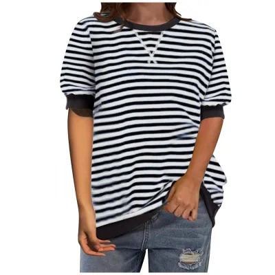 Women Casual Color-Block Stripe Printed Crewneck Short-Sleeve T-Shirt