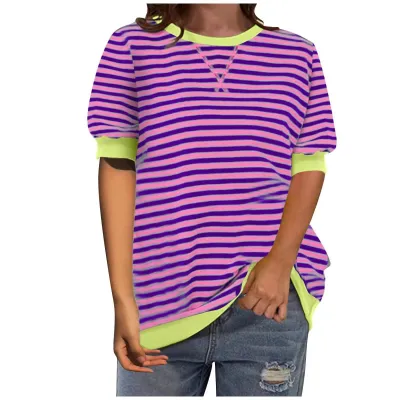 Women Casual Color-Block Stripe Printed Crewneck Short-Sleeve T-Shirt