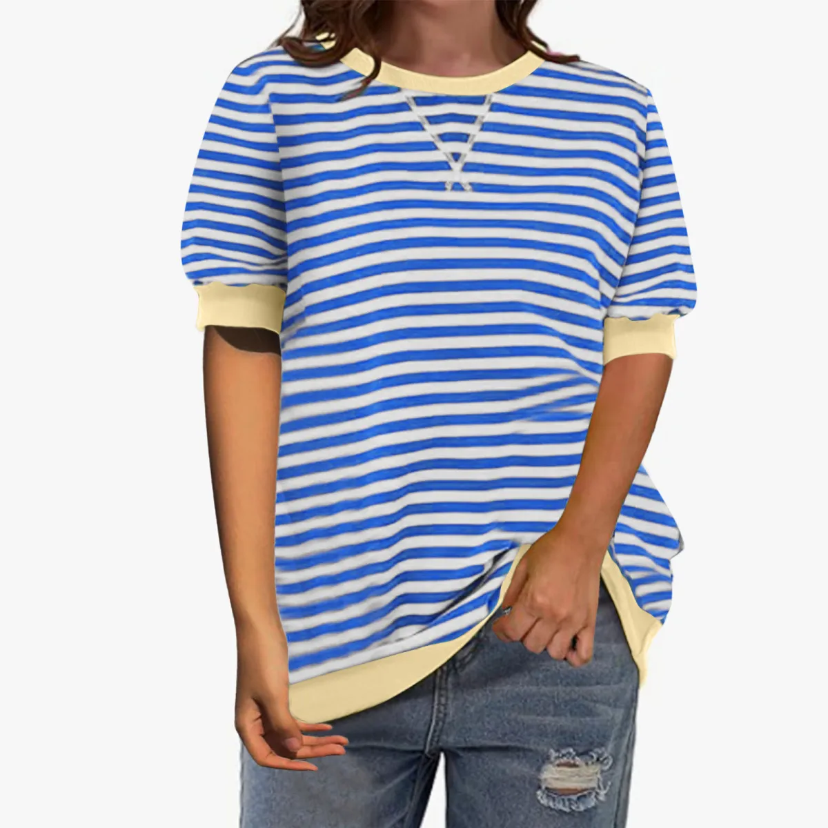 Women Casual Color-Block Stripe Printed Crewneck Short-Sleeve T-Shirt