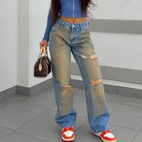 S-L Jeans rectos con bolsillo con cremallera y cintura alta estilo callejero para mujer