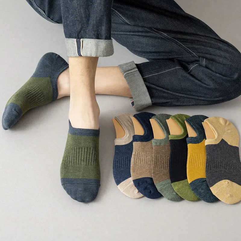 Women Retro Color Block Invisible Silicone Non-Slip Cotton Socks