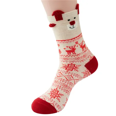 Women Cartoon Cute Christmas Elk Snowflake Stereo Ear Bear Socks
