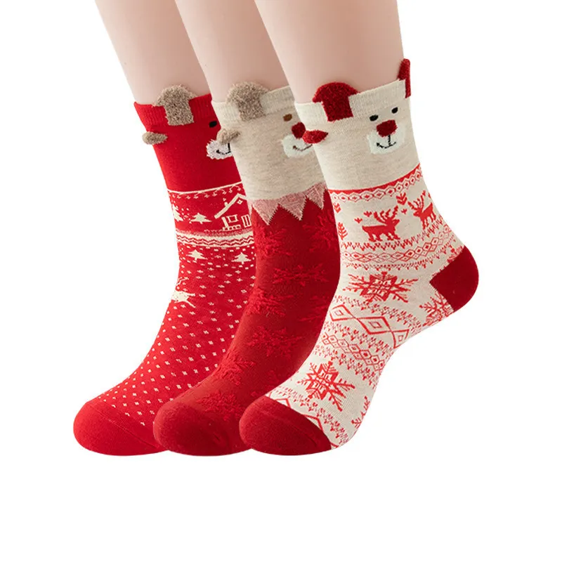 Women Cartoon Cute Christmas Elk Snowflake Stereo Ear Bear Socks