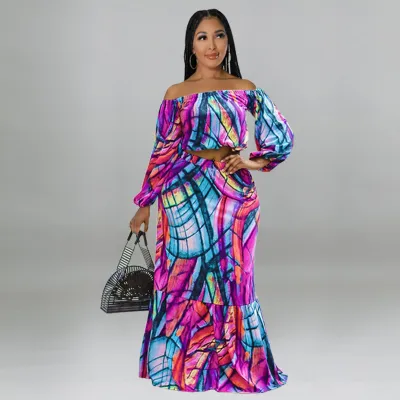 Women Plus Size Off Shoulder Graphic Print Long Sleeve Crop Top Skirt Two-Piece Set