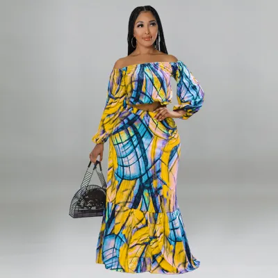 Women Plus Size Off Shoulder Graphic Print Long Sleeve Crop Top Skirt Two-Piece Set