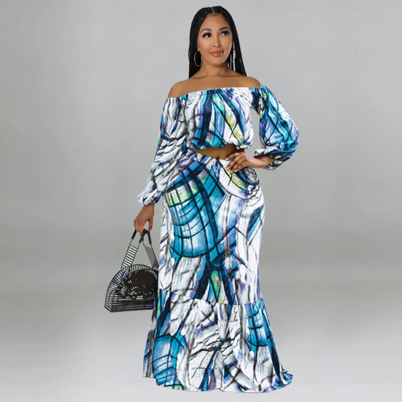 Women Plus Size Off Shoulder Graphic Print Long Sleeve Crop Top Skirt Two-Piece Set