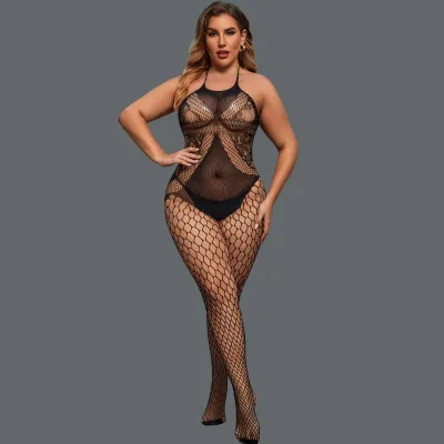 Women Plus Size Sexy Hollow-Out Net Jumpsuits Tight Fit