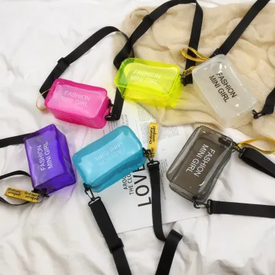 Mini bolso cruzado cuadrado con estampado de letras de gelatina transparente a la moda para mujer