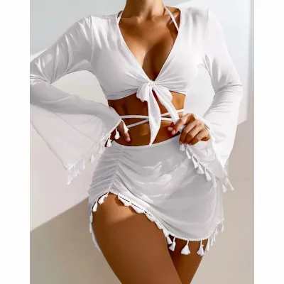 Women Fashion Solid Color Fringe Blouse Bikini Swimsuit Four-Piece Set