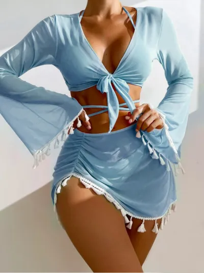 Women Fashion Solid Color Fringe Blouse Bikini Swimsuit Four-Piece Set
