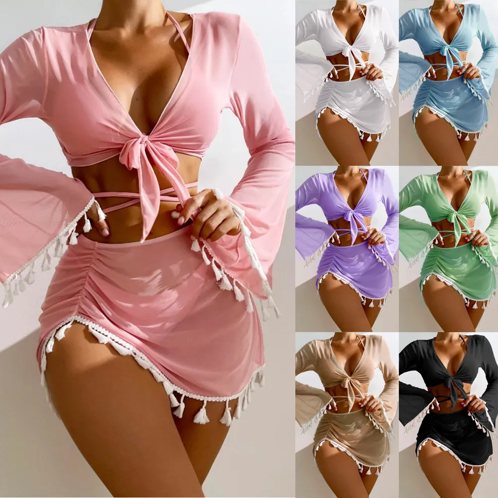 Women Fashion Solid Color Fringe Blouse Bikini Swimsuit Four-Piece Set