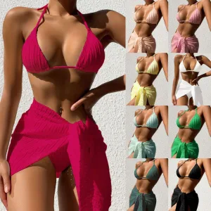 Women Backless Sexy Solid Color Bikini Mesh Short Skirt Swimsuit Three-Piece Set