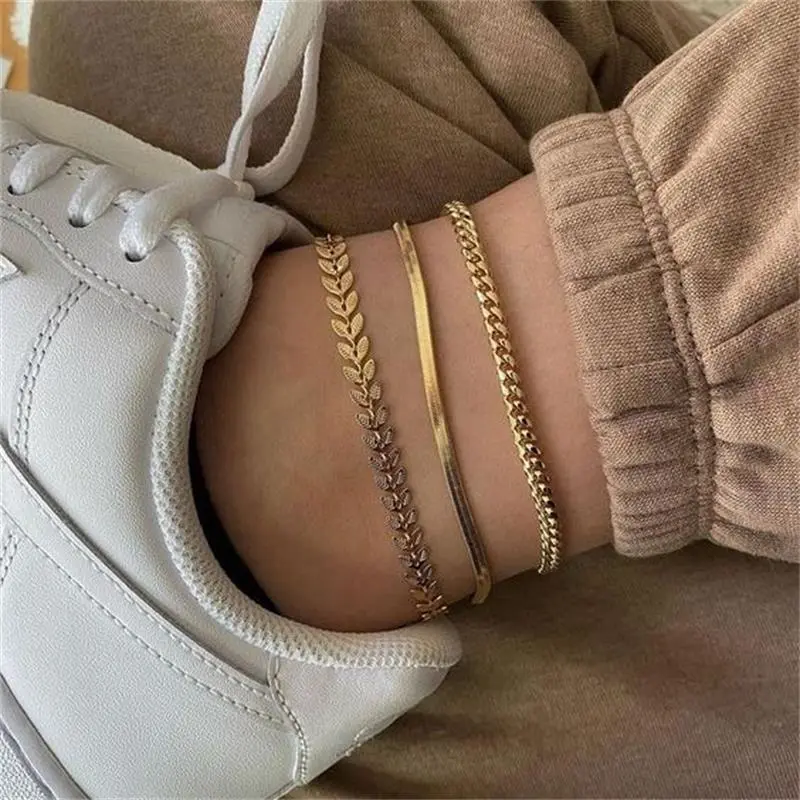 Women Fashion Creative Fish Scale Flat Snake Chain Three-Piece Anklet