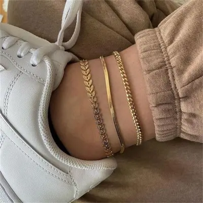 Women Fashion Creative Fish Scale Flat Snake Chain Three-Piece Anklet