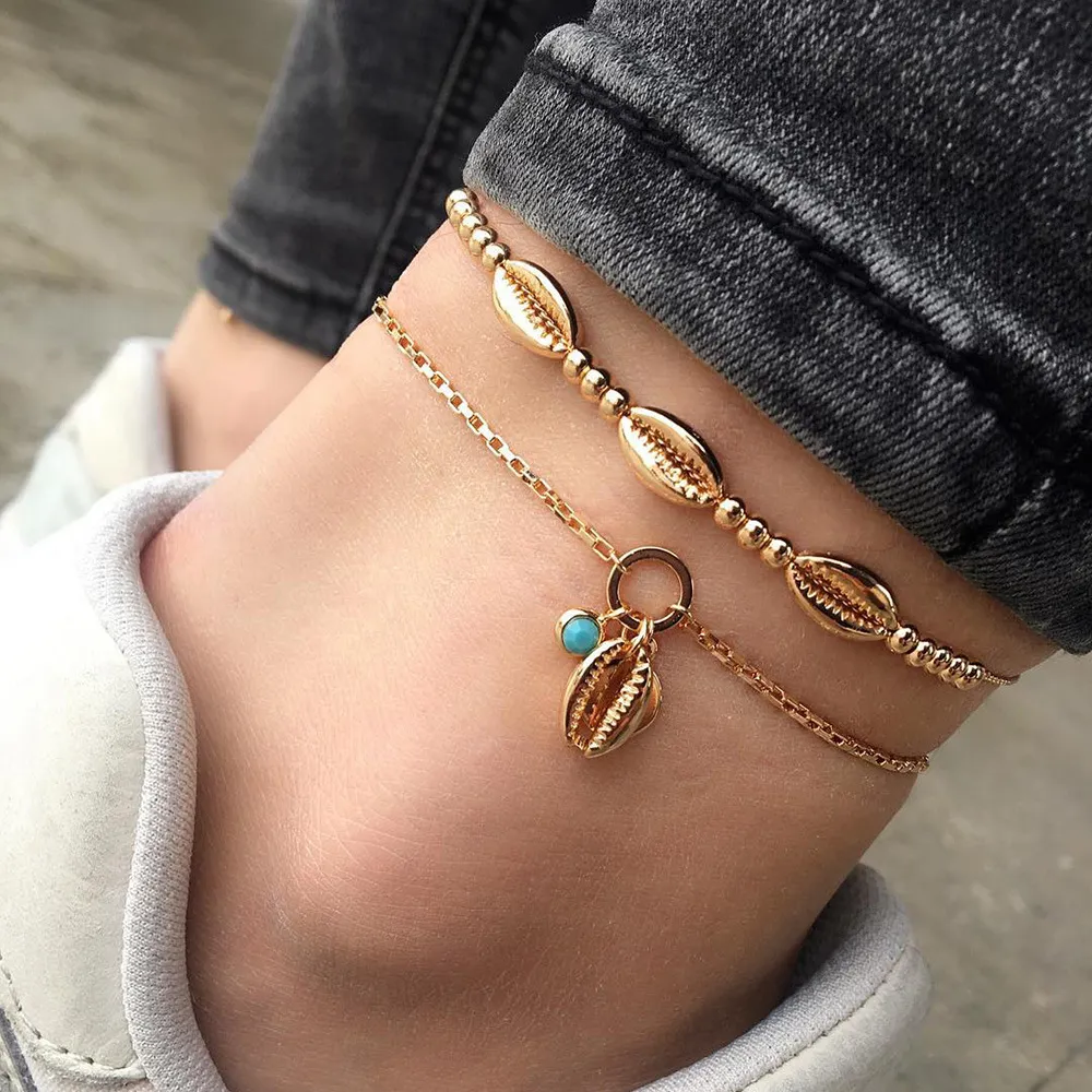 Women Fashion Bohemian Handmade Beaded Metal Shell Anklet