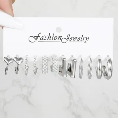 Simple Metal Circle Earrings Set Geometric Alloy Pearl Instagram Wind