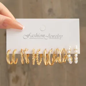 Simple Metal Circle Earrings Set Geometric Alloy Pearl Instagram Wind