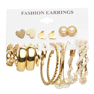 Retro Geometric Ring Chain Hoop Earrings Set Simple Fashion Commuter Metal