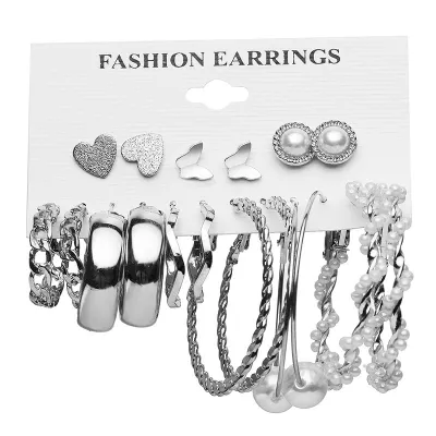 Retro Geometric Ring Chain Hoop Earrings Set Simple Fashion Commuter Metal