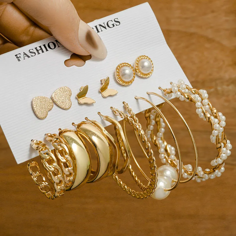 Retro Geometric Ring Chain Hoop Earrings Set Simple Fashion Commuter Metal