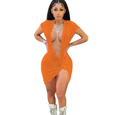 Women Fashion Sexy Solid Color Deep V Mini Dress