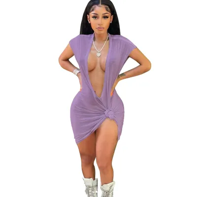 Women Fashion Sexy Solid Color Deep V Mini Dress