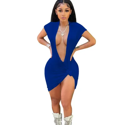 Women Fashion Sexy Solid Color Deep V Mini Dress