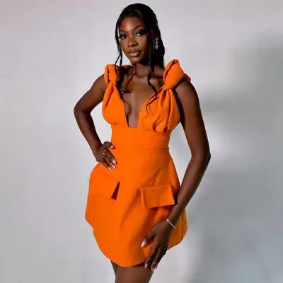 Summer Women Fashion Sexy Deep V High Waist Fake Pocket A- Line Dress