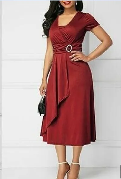 Summer Women Fashion Sexy V-Neck Asymmetric Large Swing Solid Color Midi Dress