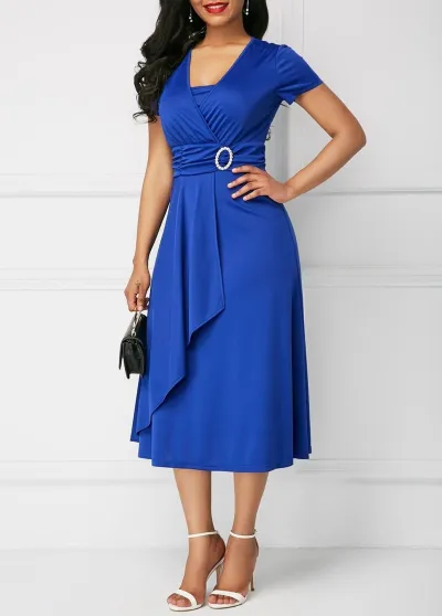 Summer Women Fashion Sexy V-Neck Asymmetric Large Swing Solid Color Midi Dress