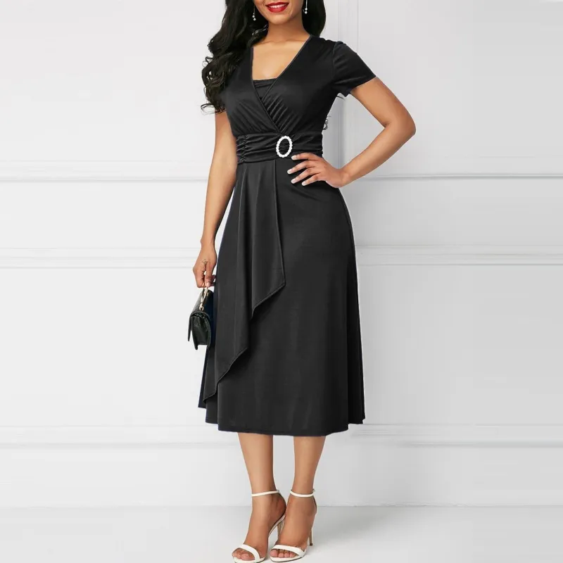 Summer Women Fashion Sexy V-Neck Asymmetric Large Swing Solid Color Midi Dress