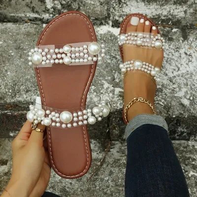 Summer Women Fashion Plus Size Transparent Flat Slippers With Pearl Round Toe