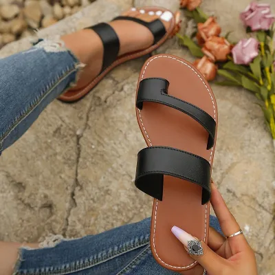 Zapatillas planas de PU con punta redonda y talla grande, informales, a la moda, de verano para mujer