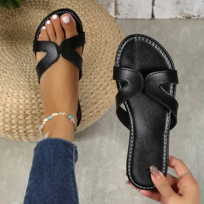 Summer Women Fashion Casual Plus Size Solid Color Round Toe Flat Pu Slippers