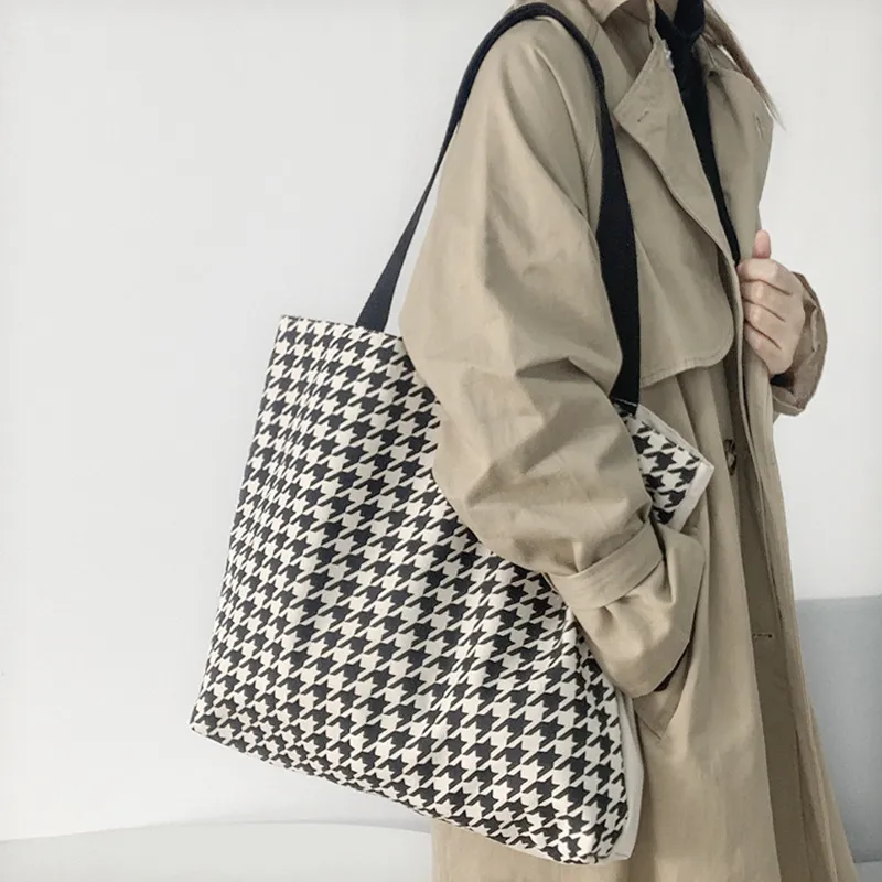 Women Fashionable Large Capacity Houndstooth Canvas Tote Shoulder Bag