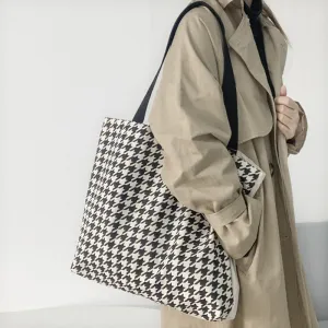 Women Fashionable Large Capacity Houndstooth Canvas Tote Shoulder Bag