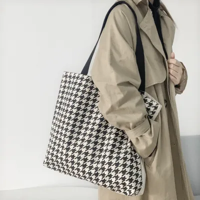 Women Fashionable Large Capacity Houndstooth Canvas Tote Shoulder Bag