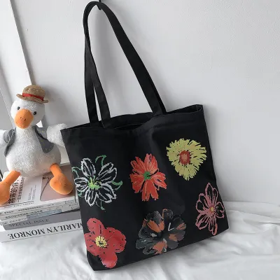 Women Cartoon Painting Canvas Large Capacity Tote Bag Shoulder Bag with Zipper