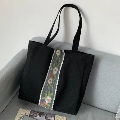 Women Fashion Floral Embroidered Large Capacity Canvas Tote Shoulder Bag